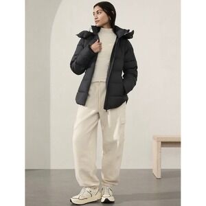 NWT Athleta Womens Black Downtown Puffer Jacket‎ Hooded Down Fill Coat Large